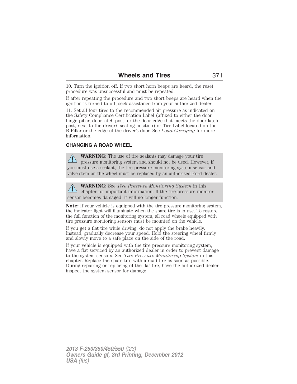 Changing a road wheel, Wheels and tires 371 | FORD 2013 F-550 v.3 User Manual | Page 372 / 577