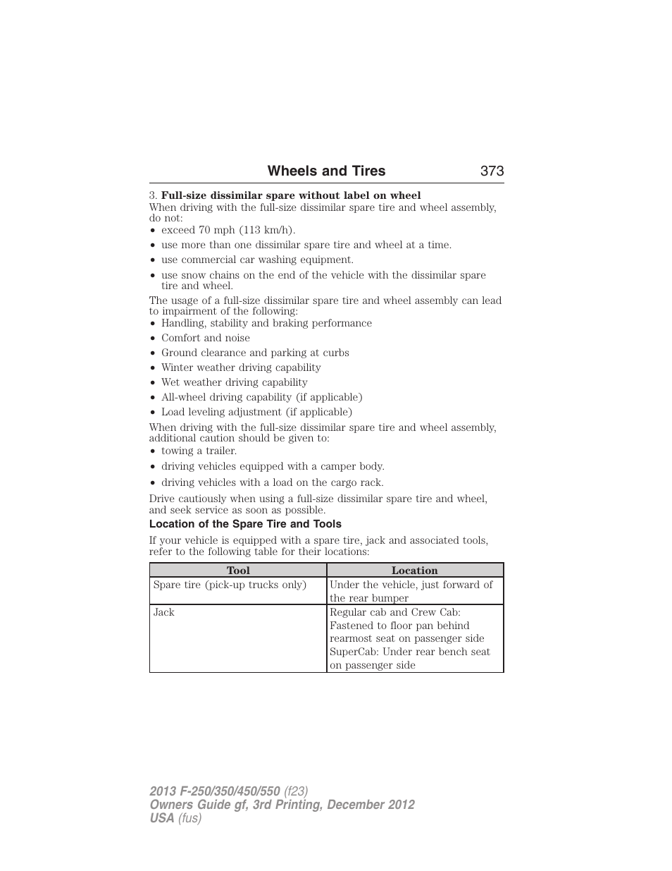 Location of the spare tire and tools, Wheels and tires 373 | FORD 2013 F-550 v.3 User Manual | Page 374 / 577