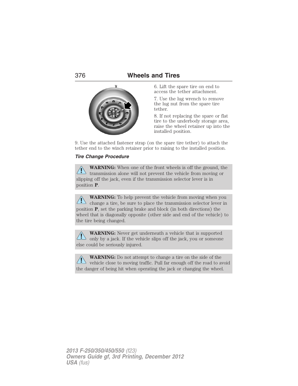 Tire change procedure, 376 wheels and tires | FORD 2013 F-550 v.3 User Manual | Page 377 / 577