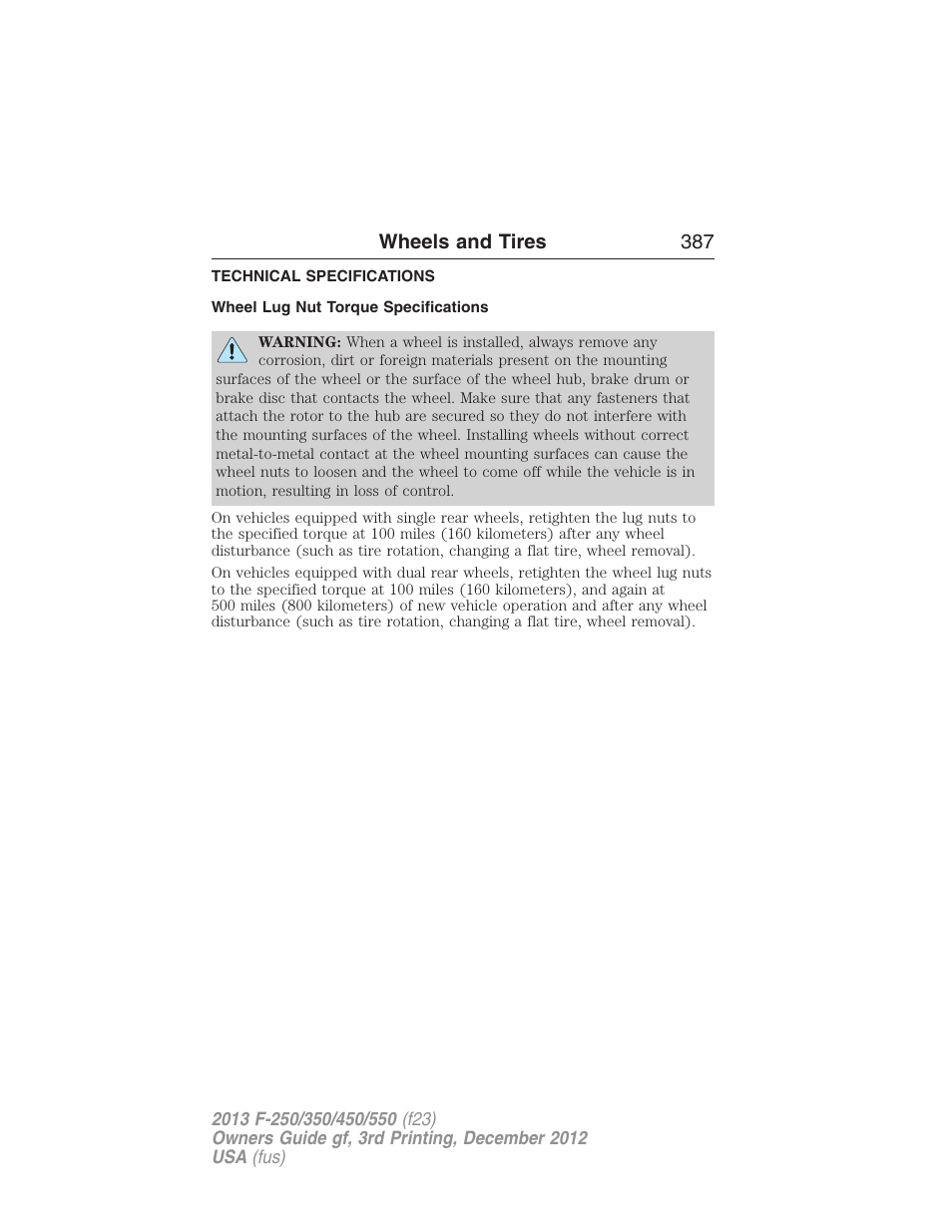 Technical specifications, Wheel lug nut torque specifications, Wheel lug nut torque | Wheels and tires 387 | FORD 2013 F-550 v.3 User Manual | Page 388 / 577