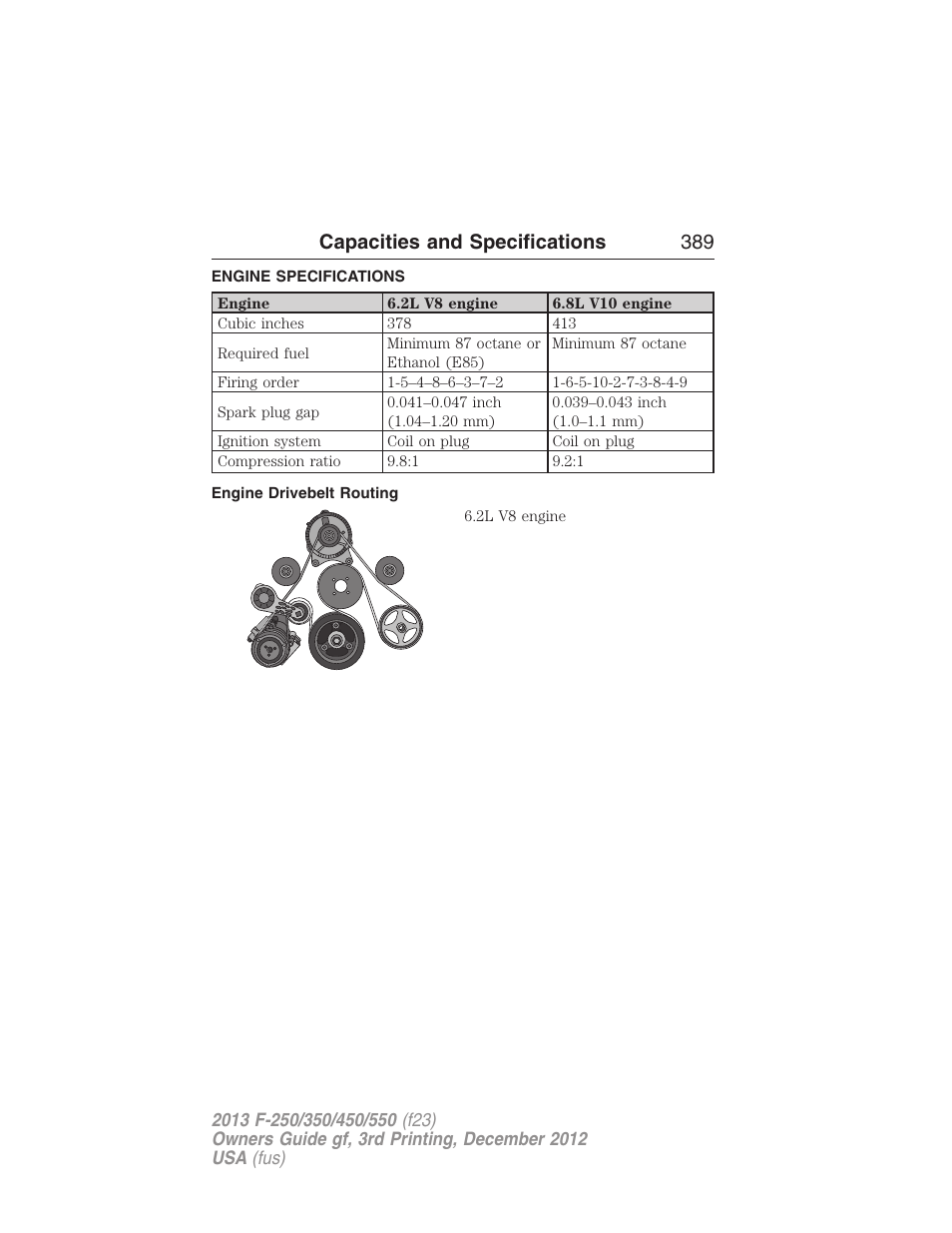 Capacities and specifications, Engine specifications, Engine drivebelt routing | Engine drivebelt, Capacities and specifications 389 | FORD 2013 F-550 v.3 User Manual | Page 390 / 577