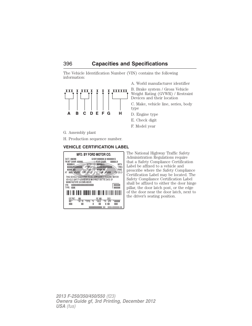 Vehicle certification label, 396 capacities and specifications | FORD 2013 F-550 v.3 User Manual | Page 397 / 577