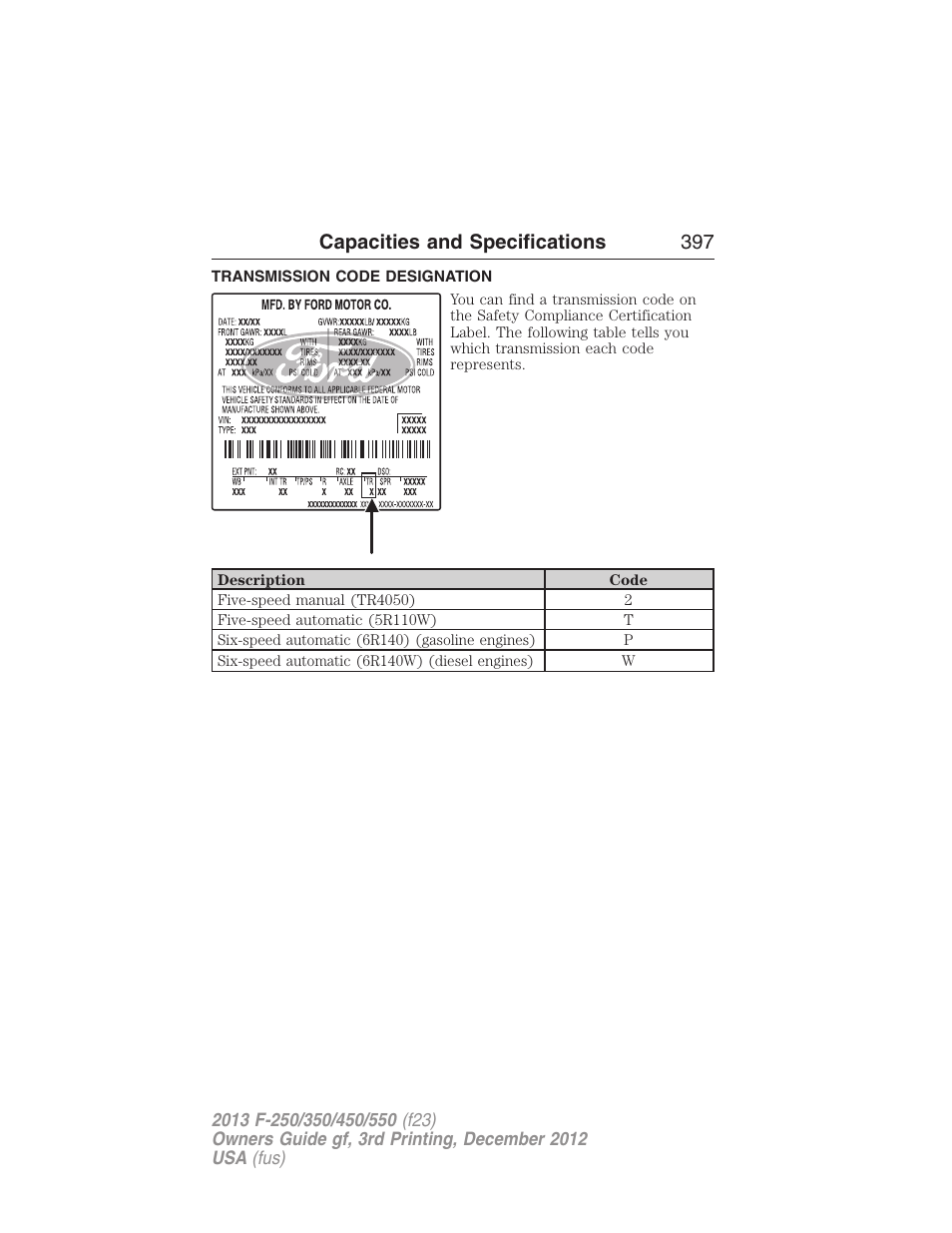 Transmission code designation, Capacities and specifications 397 | FORD 2013 F-550 v.3 User Manual | Page 398 / 577