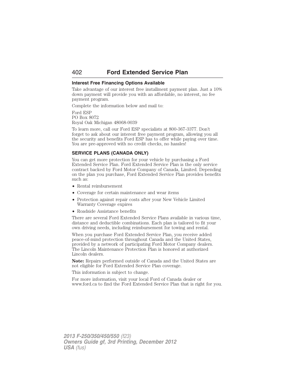 Interest free financing options available, Service plans (canada only), 402 ford extended service plan | FORD 2013 F-550 v.3 User Manual | Page 403 / 577