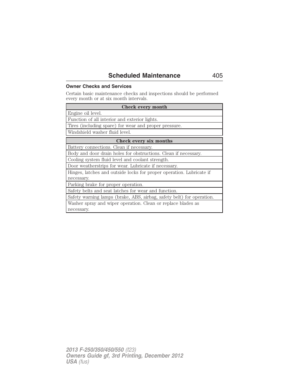 Owner checks and services, Scheduled maintenance 405 | FORD 2013 F-550 v.3 User Manual | Page 406 / 577