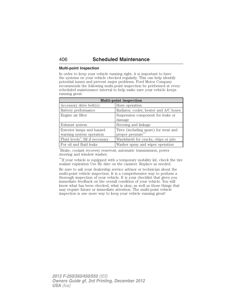 Multi-point inspection, 406 scheduled maintenance | FORD 2013 F-550 v.3 User Manual | Page 407 / 577