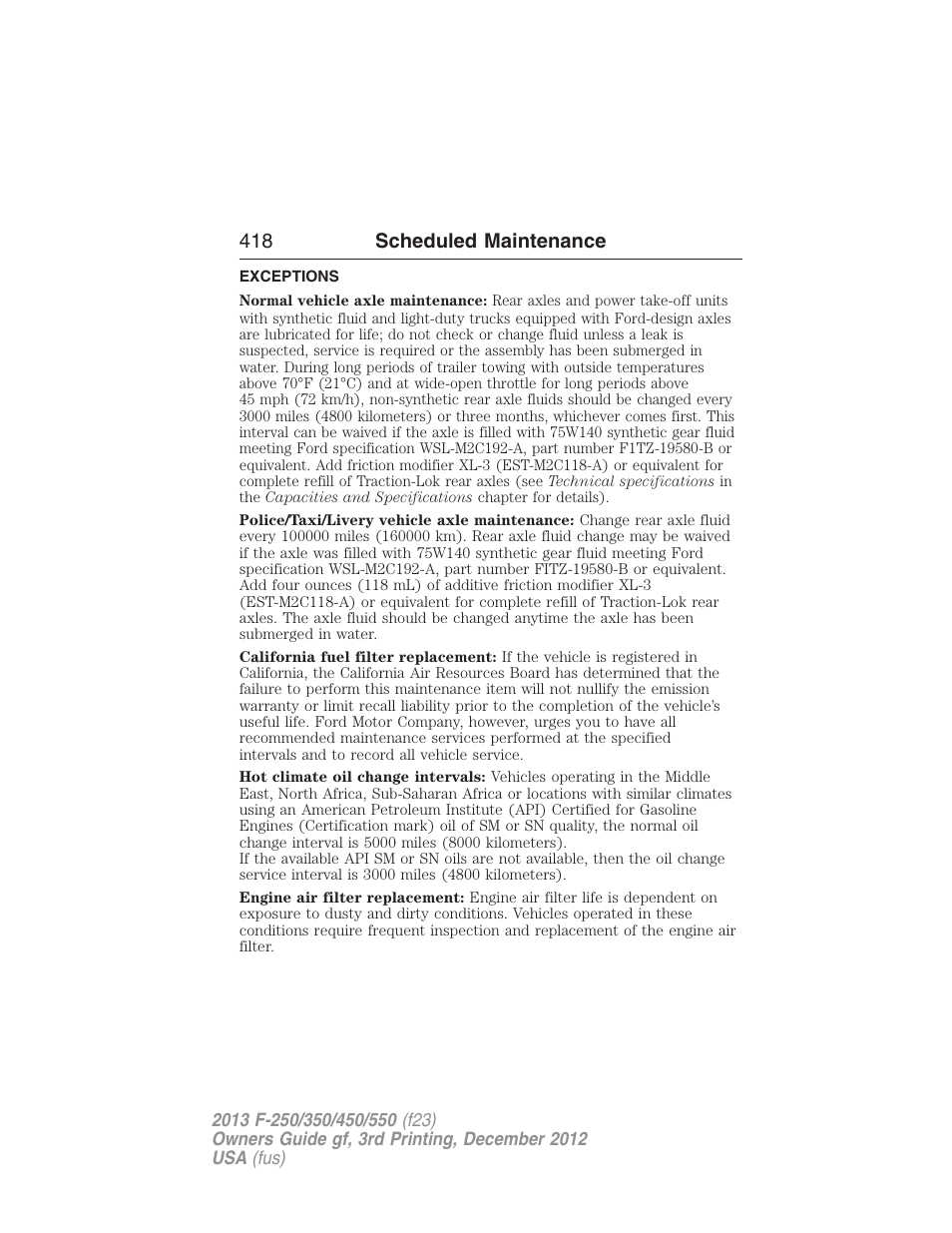 Exceptions, 418 scheduled maintenance | FORD 2013 F-550 v.3 User Manual | Page 419 / 577