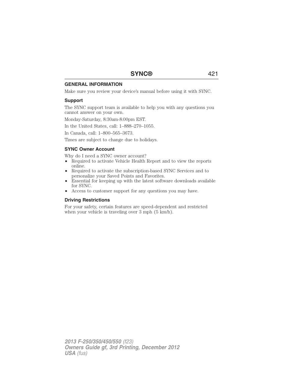 General information, Support, Sync owner account | Driving restrictions, Sync® 421 | FORD 2013 F-550 v.3 User Manual | Page 422 / 577