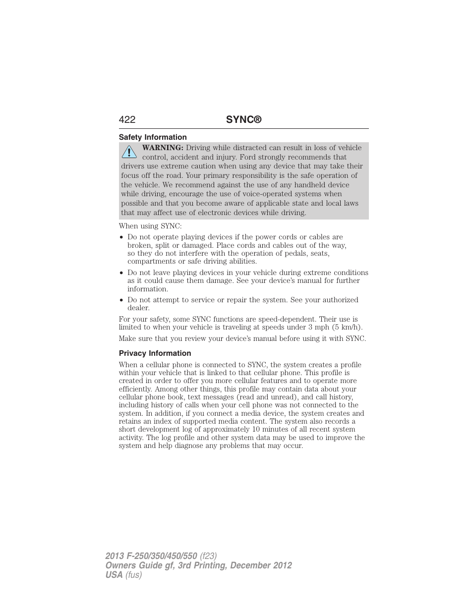 Safety information, Privacy information, 422 sync | FORD 2013 F-550 v.3 User Manual | Page 423 / 577