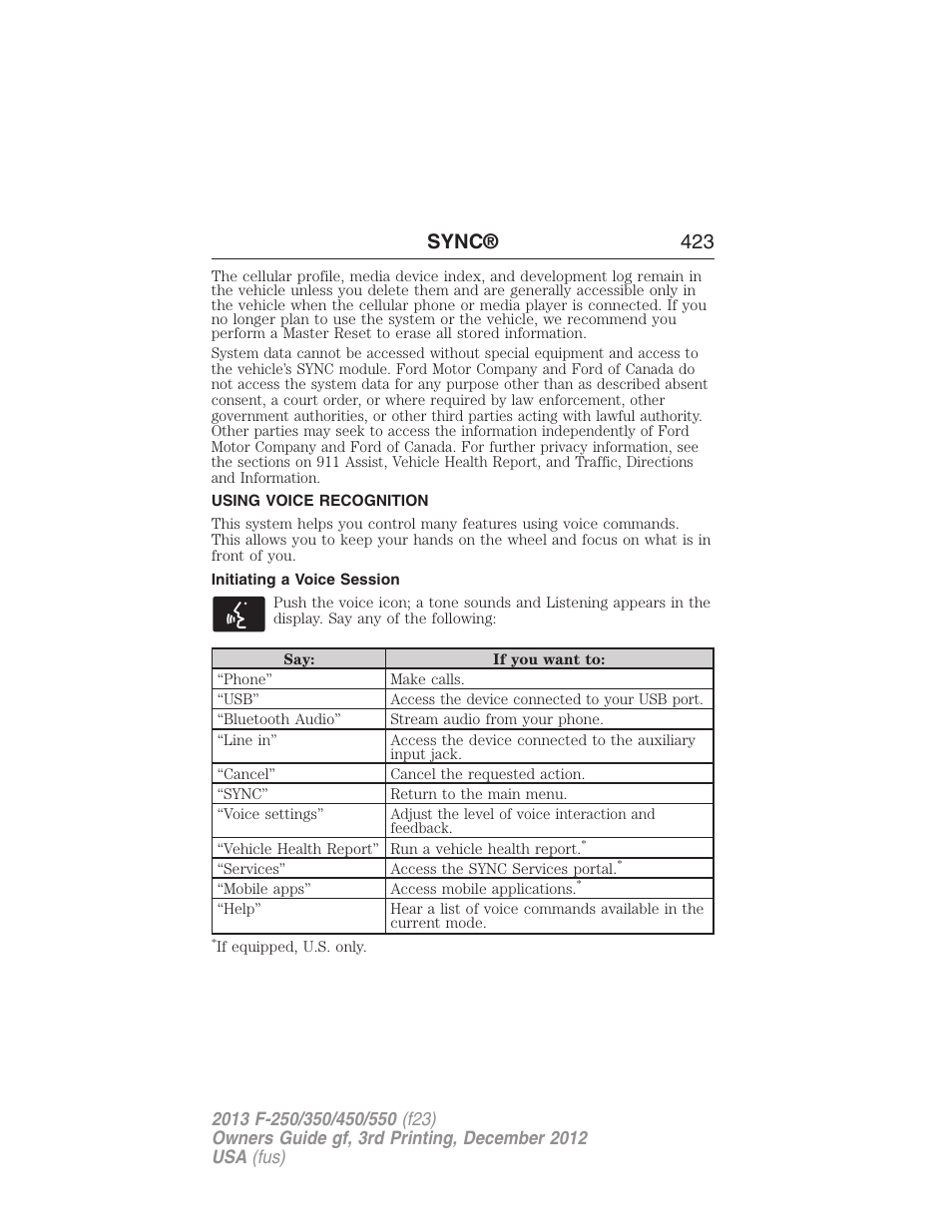 Using voice recognition, Initiating a voice session, Sync® 423 | FORD 2013 F-550 v.3 User Manual | Page 424 / 577