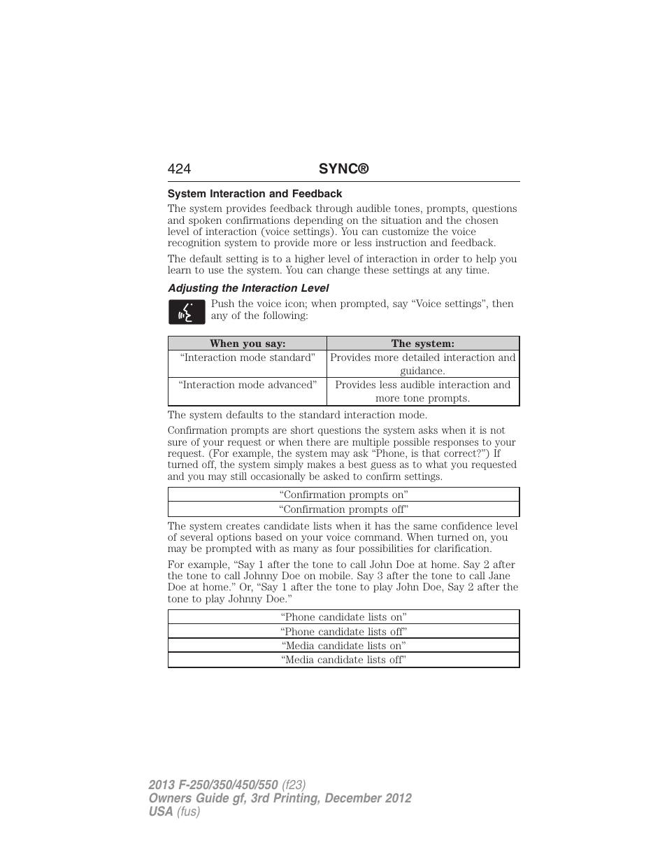 System interaction and feedback, Adjusting the interaction level, 424 sync | FORD 2013 F-550 v.3 User Manual | Page 425 / 577