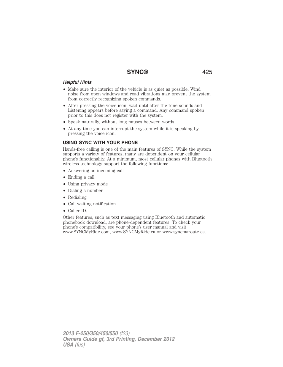 Helpful hints, Using sync with your phone, Sync® 425 | FORD 2013 F-550 v.3 User Manual | Page 426 / 577