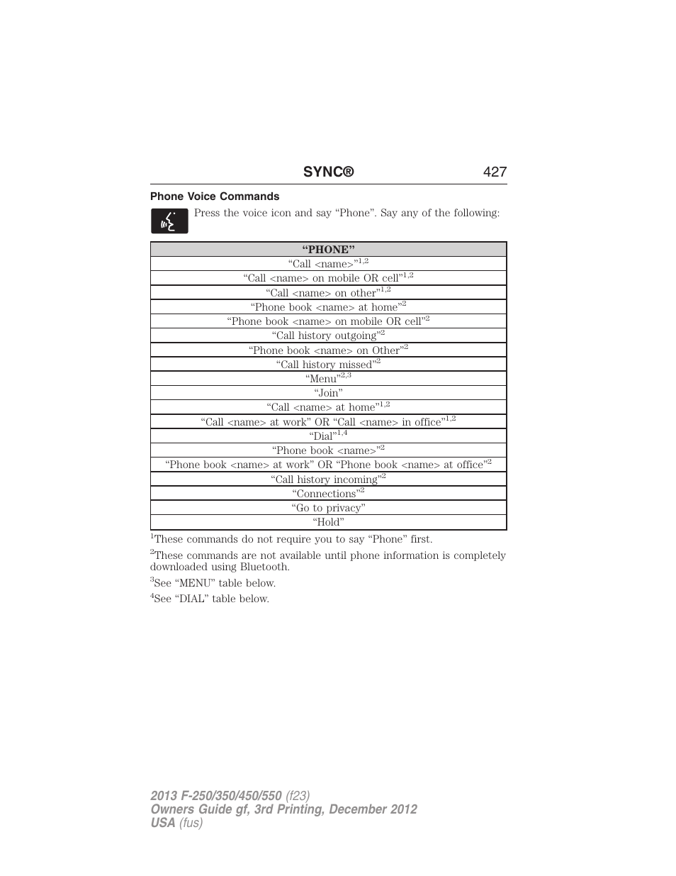 Phone voice commands, Sync® 427 | FORD 2013 F-550 v.3 User Manual | Page 428 / 577