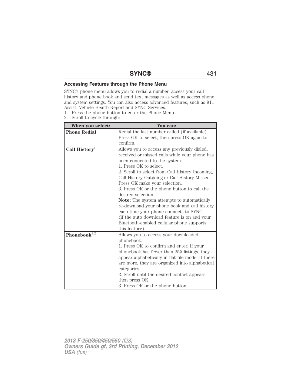 Accessing features through the phone menu, Sync® 431 | FORD 2013 F-550 v.3 User Manual | Page 432 / 577