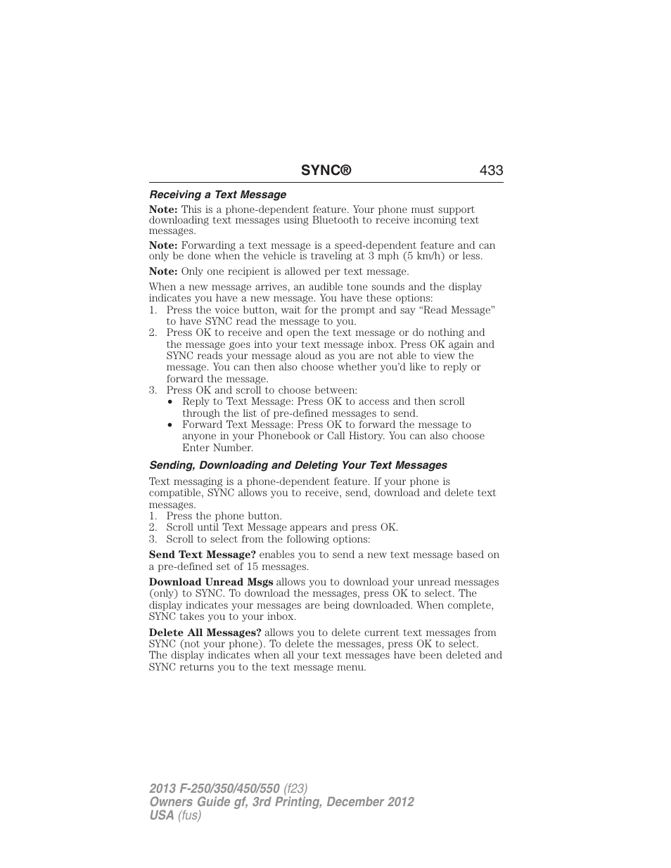 Receiving a text message, Sync® 433 | FORD 2013 F-550 v.3 User Manual | Page 434 / 577