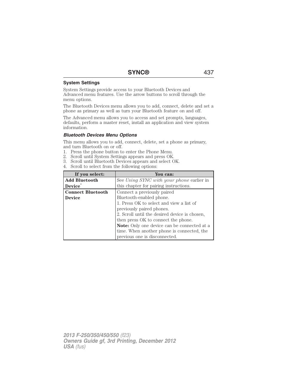 System settings, Bluetooth devices menu options, Sync® 437 | FORD 2013 F-550 v.3 User Manual | Page 438 / 577