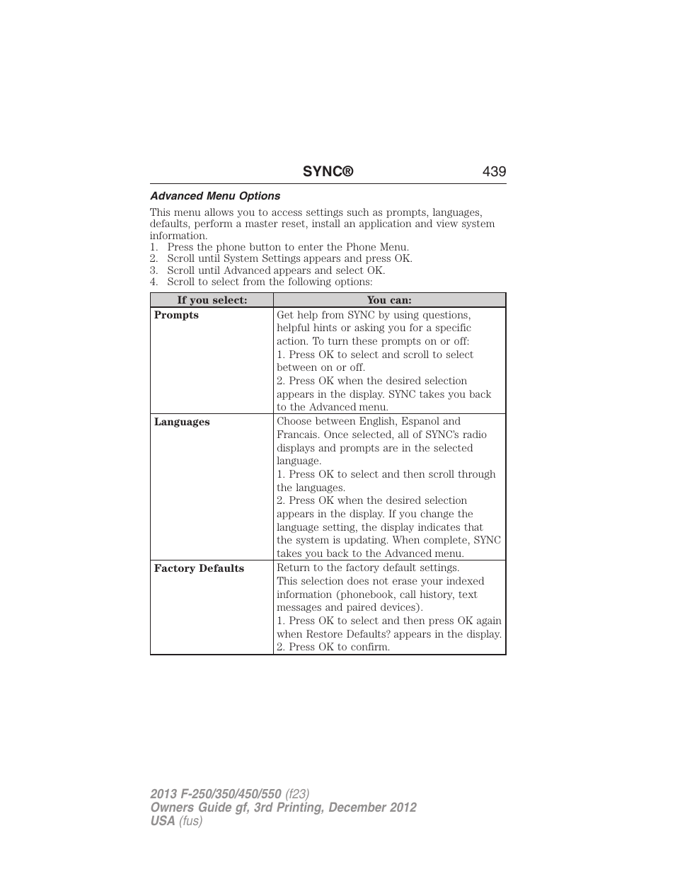 Advanced menu options, Sync® 439 | FORD 2013 F-550 v.3 User Manual | Page 440 / 577