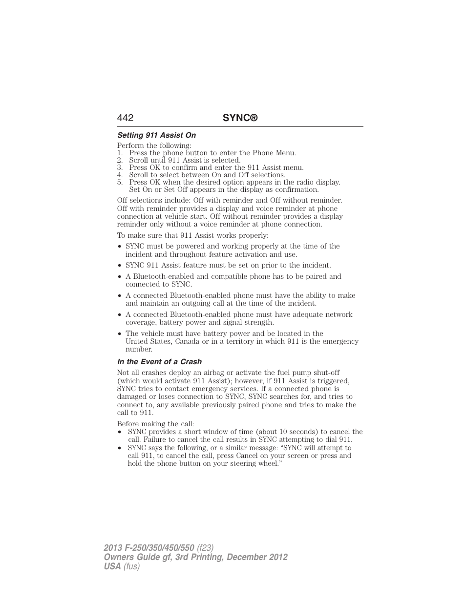 Setting 911 assist on, In the event of a crash, 442 sync | FORD 2013 F-550 v.3 User Manual | Page 443 / 577