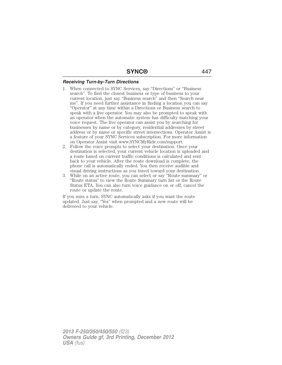 Receiving turn-by-turn directions, Sync® 447 | FORD 2013 F-550 v.3 User Manual | Page 448 / 577