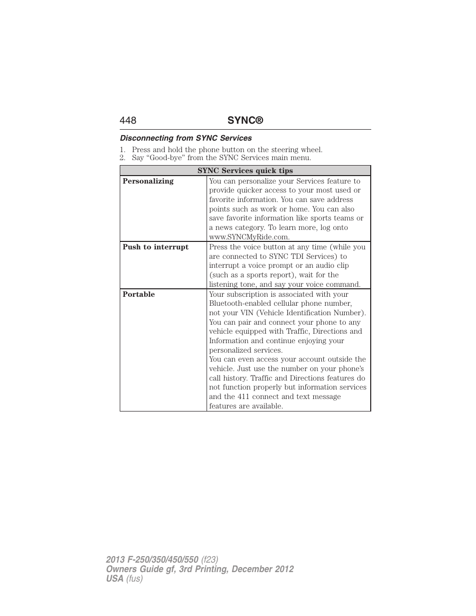 Disconnecting from sync services, 448 sync | FORD 2013 F-550 v.3 User Manual | Page 449 / 577