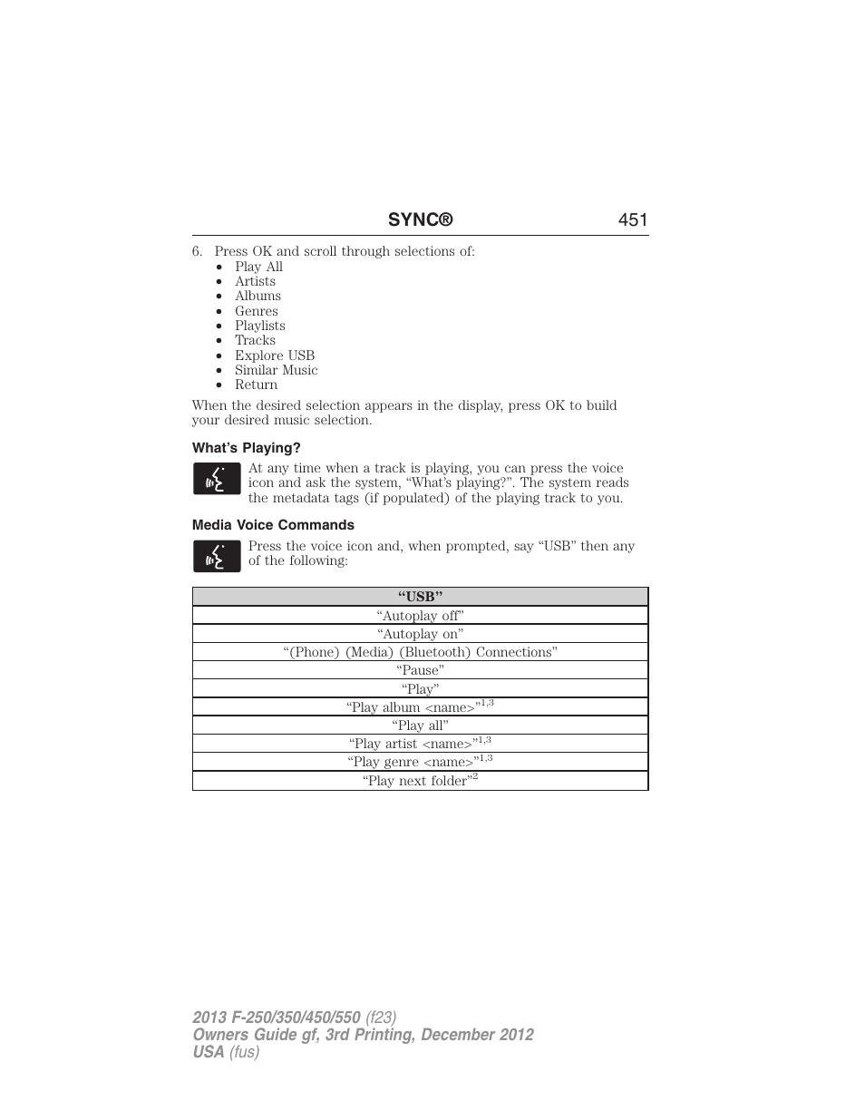 What’s playing, Media voice commands, Sync® 451 | FORD 2013 F-550 v.3 User Manual | Page 452 / 577