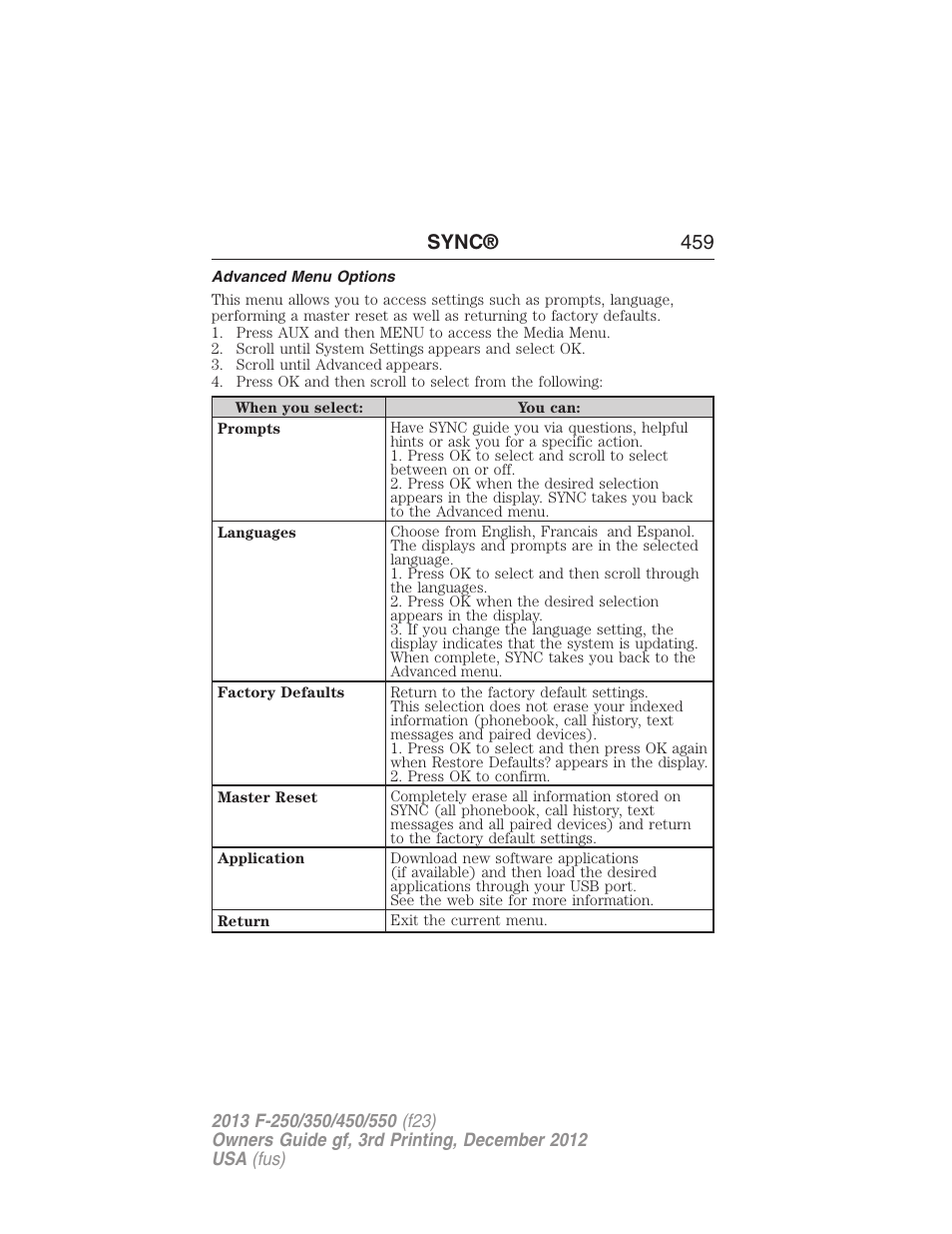 Advanced menu options, Sync® 459 | FORD 2013 F-550 v.3 User Manual | Page 460 / 577