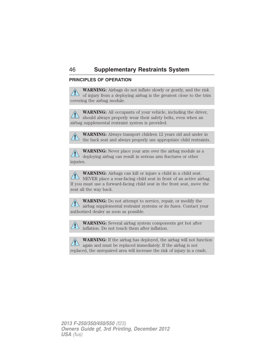 Supplementary restraints system, Principles of operation, 46 supplementary restraints system | FORD 2013 F-550 v.3 User Manual | Page 47 / 577