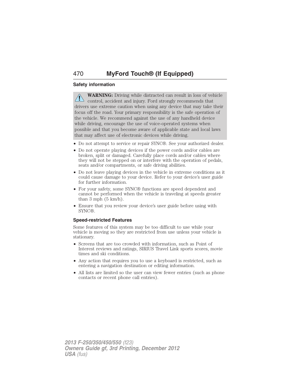 Safety information, Speed-restricted features, 470 myford touch® (if equipped) | FORD 2013 F-550 v.3 User Manual | Page 471 / 577