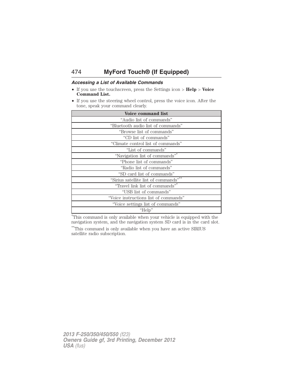 Accessing a list of available commands, 474 myford touch® (if equipped) | FORD 2013 F-550 v.3 User Manual | Page 475 / 577