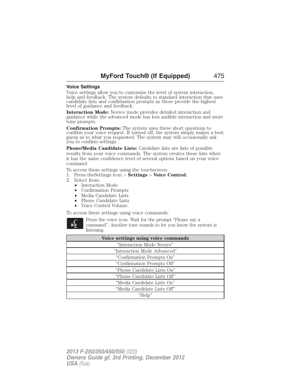 Voice settings, Myford touch® (if equipped) 475 | FORD 2013 F-550 v.3 User Manual | Page 476 / 577