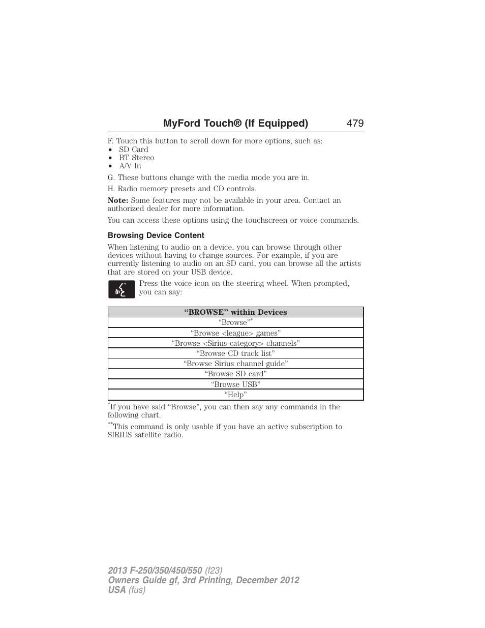 Browsing device content, Myford touch® (if equipped) 479 | FORD 2013 F-550 v.3 User Manual | Page 480 / 577