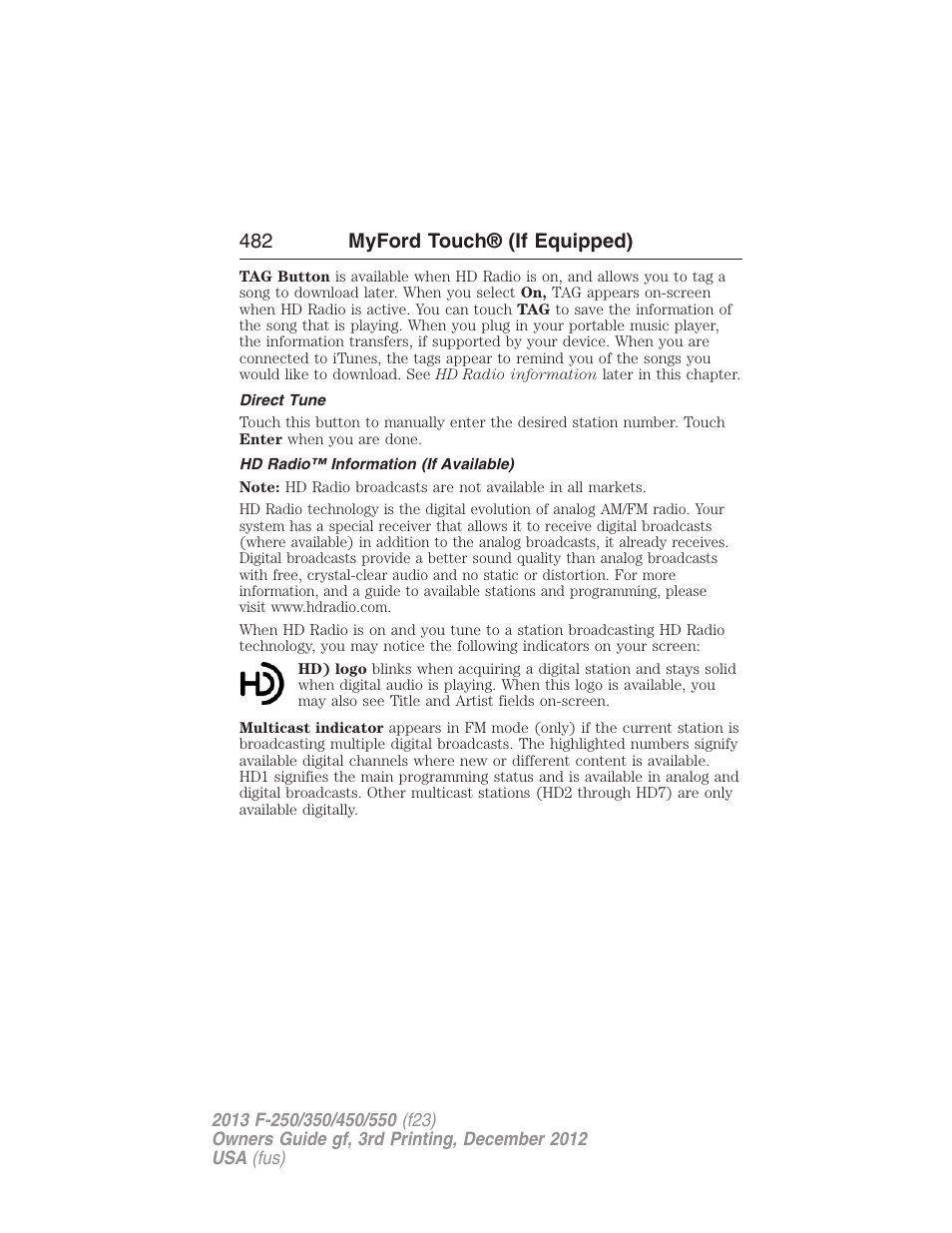 Direct tune, Hd radio™ information (if available), 482 myford touch® (if equipped) | FORD 2013 F-550 v.3 User Manual | Page 483 / 577