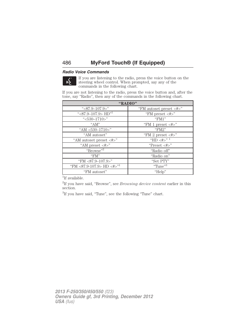 Radio voice commands, 486 myford touch® (if equipped) | FORD 2013 F-550 v.3 User Manual | Page 487 / 577