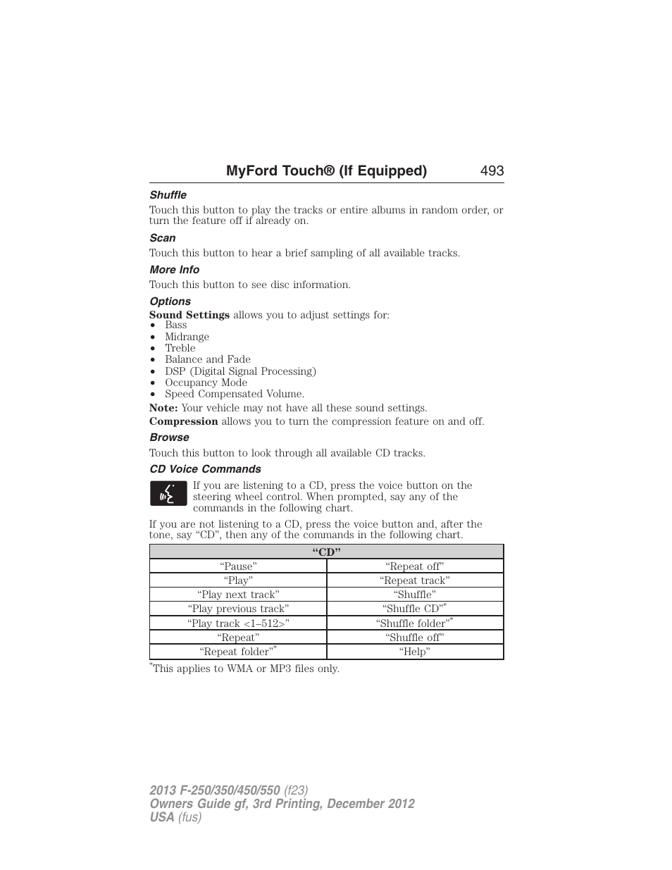 Shuffle, Scan, More info | Options, Browse, Cd voice commands, Myford touch® (if equipped) 493 | FORD 2013 F-550 v.3 User Manual | Page 494 / 577