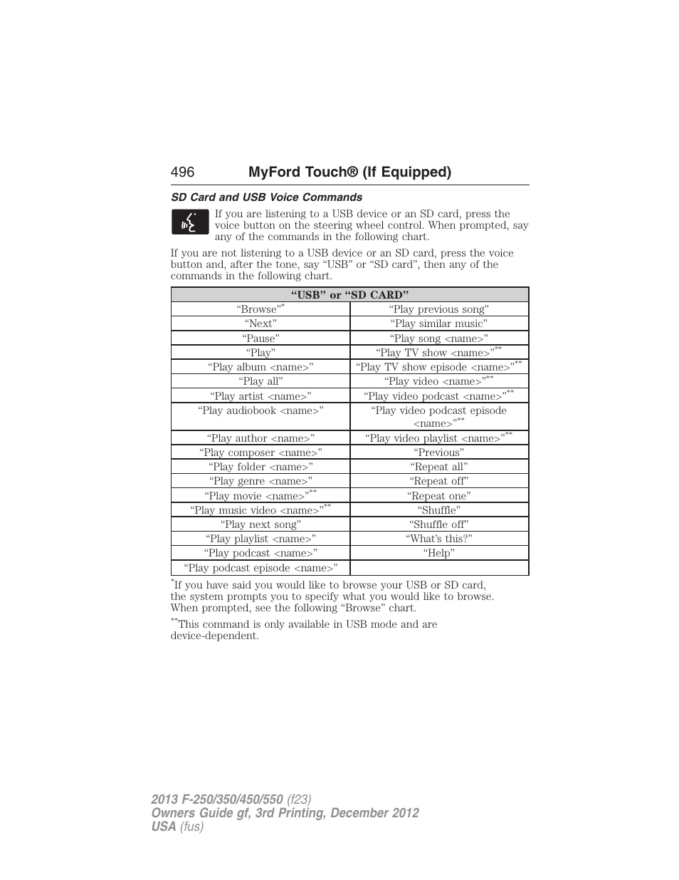 Sd card and usb voice commands, 496 myford touch® (if equipped) | FORD 2013 F-550 v.3 User Manual | Page 497 / 577