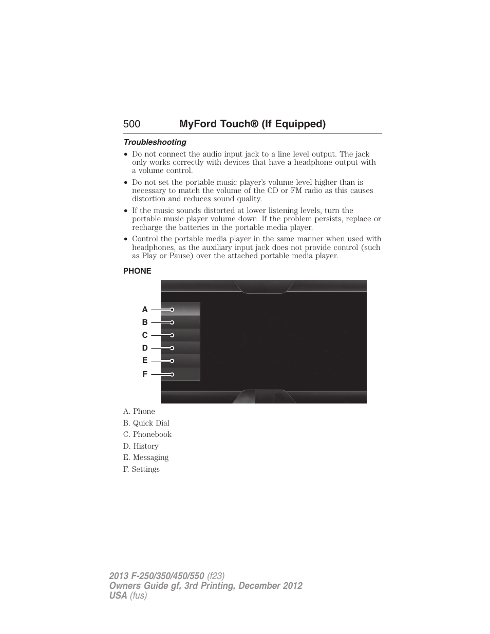 Troubleshooting, Phone, Phone features | 500 myford touch® (if equipped) | FORD 2013 F-550 v.3 User Manual | Page 501 / 577