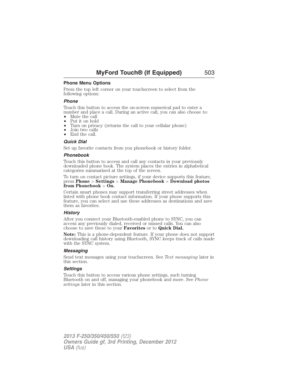 Phone menu options, Phone, Quick dial | Phonebook, History, Messaging, Settings, Myford touch® (if equipped) 503 | FORD 2013 F-550 v.3 User Manual | Page 504 / 577