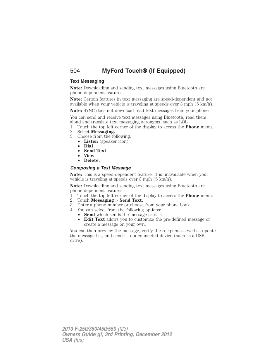 Text messaging, Composing a text message, 504 myford touch® (if equipped) | FORD 2013 F-550 v.3 User Manual | Page 505 / 577