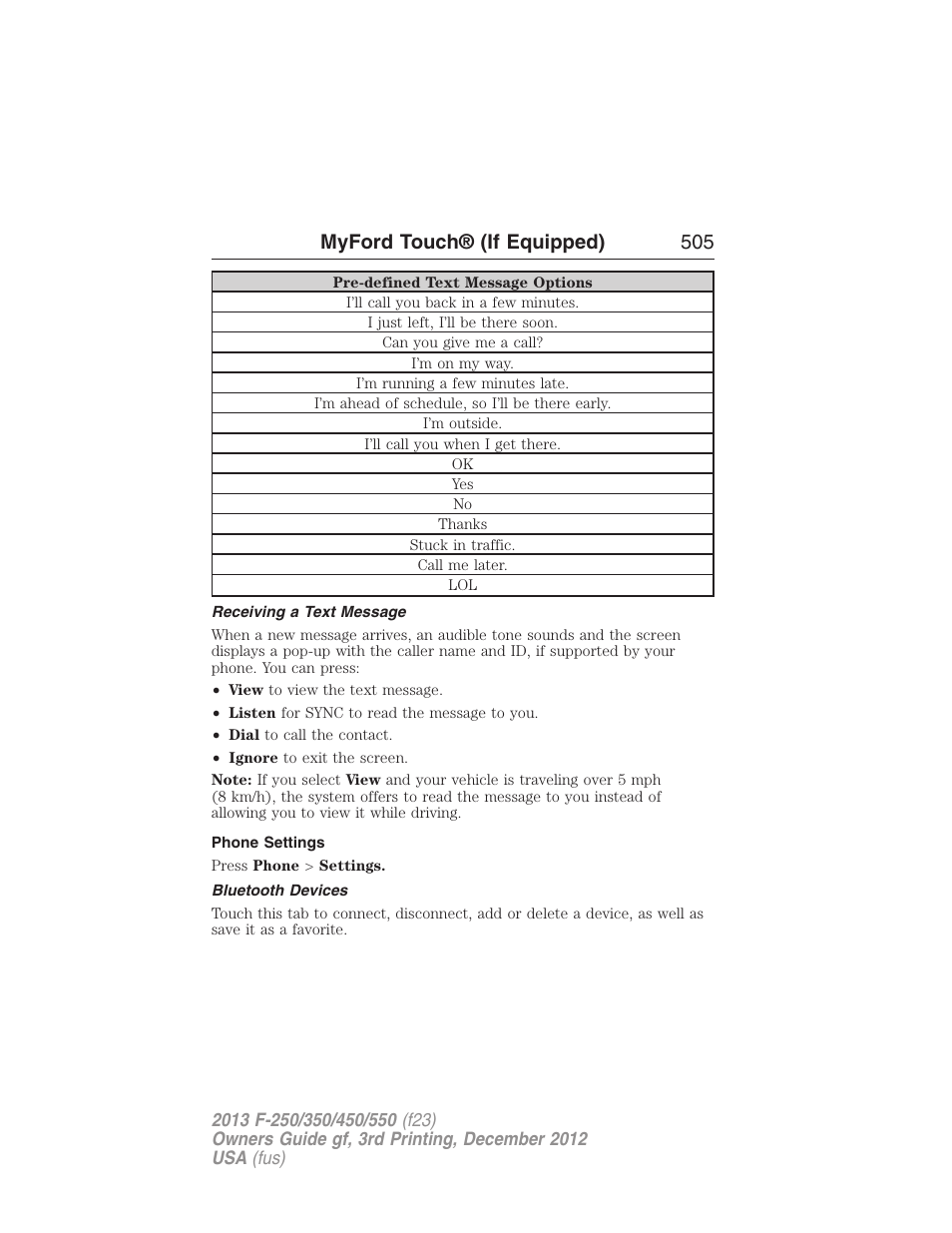 Receiving a text message, Phone settings, Bluetooth devices | Myford touch® (if equipped) 505 | FORD 2013 F-550 v.3 User Manual | Page 506 / 577