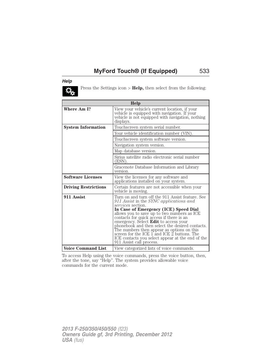 Help, Myford touch® (if equipped) 533 | FORD 2013 F-550 v.3 User Manual | Page 534 / 577