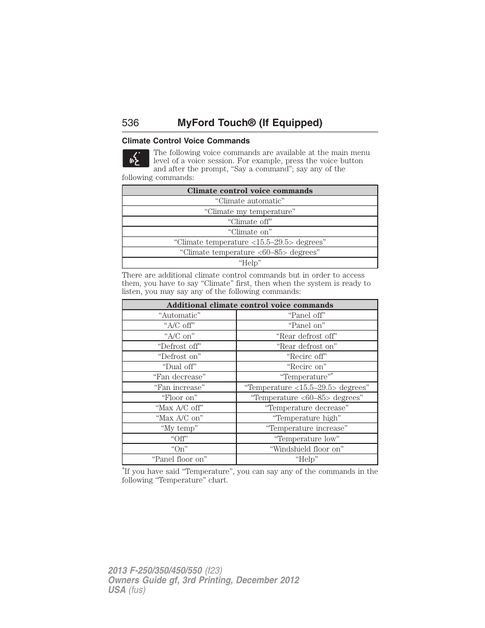 Climate control voice commands, 536 myford touch® (if equipped) | FORD 2013 F-550 v.3 User Manual | Page 537 / 577