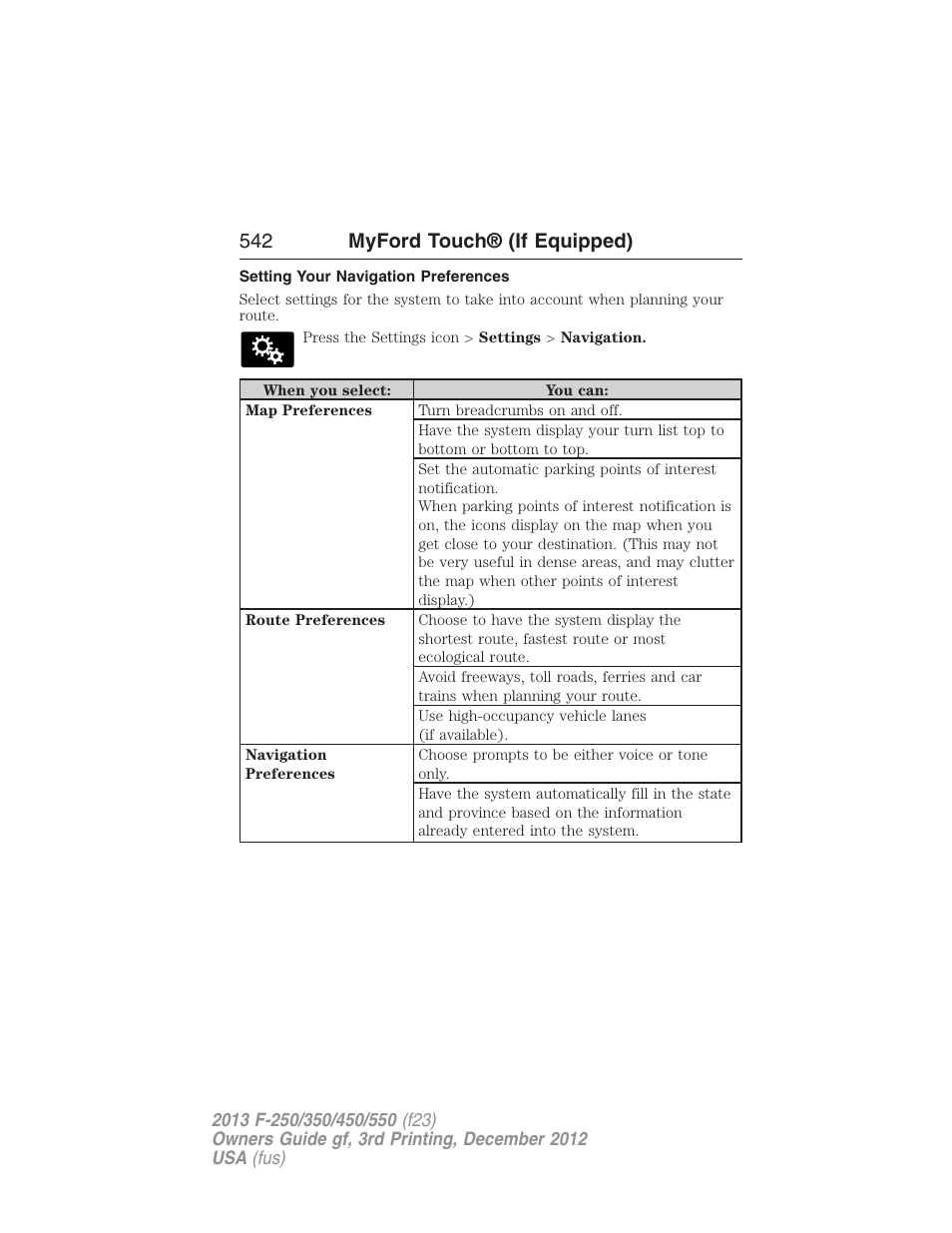 Setting your navigation preferences, 542 myford touch® (if equipped) | FORD 2013 F-550 v.3 User Manual | Page 543 / 577