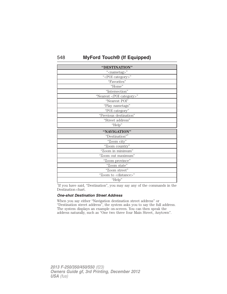 One-shot destination street address, 548 myford touch® (if equipped) | FORD 2013 F-550 v.3 User Manual | Page 549 / 577