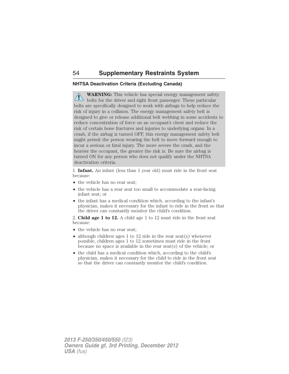 Nhtsa deactivation criteria (excluding canada), 54 supplementary restraints system | FORD 2013 F-550 v.3 User Manual | Page 55 / 577