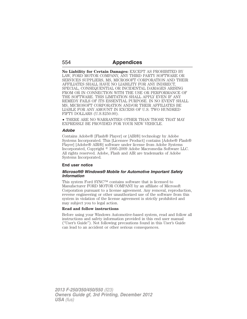 Adobe, End user notice, 554 appendices | FORD 2013 F-550 v.3 User Manual | Page 555 / 577