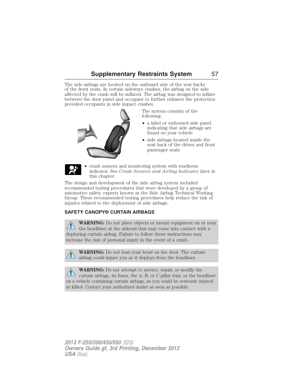 Safety canopy® curtain airbags, Safety canopy curtain airbags, Supplementary restraints system 57 | FORD 2013 F-550 v.3 User Manual | Page 58 / 577