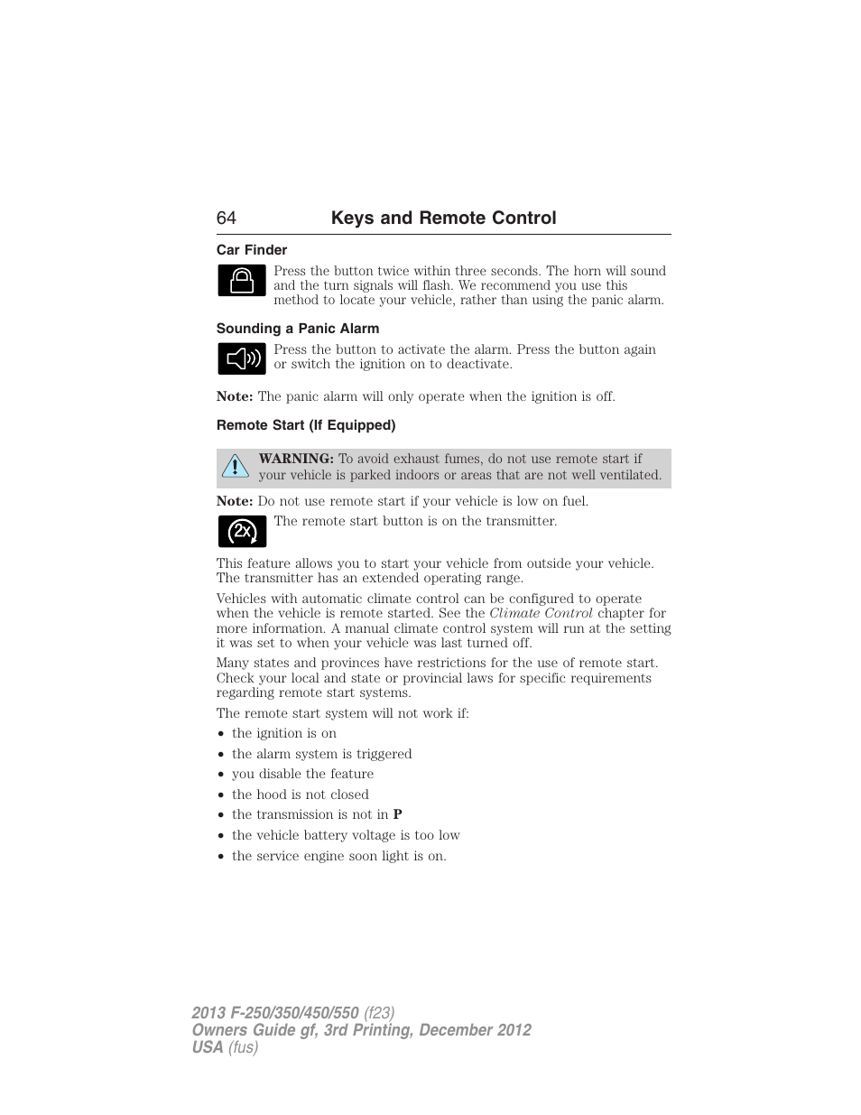 Car finder, Sounding a panic alarm, Remote start (if equipped) | 64 keys and remote control | FORD 2013 F-550 v.3 User Manual | Page 65 / 577