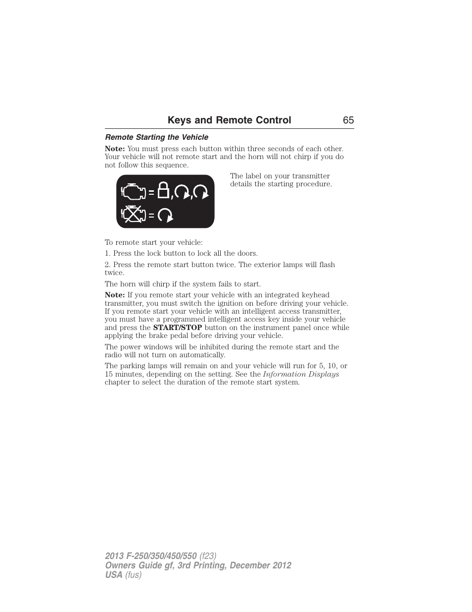 Remote starting the vehicle, Keys and remote control 65 | FORD 2013 F-550 v.3 User Manual | Page 66 / 577