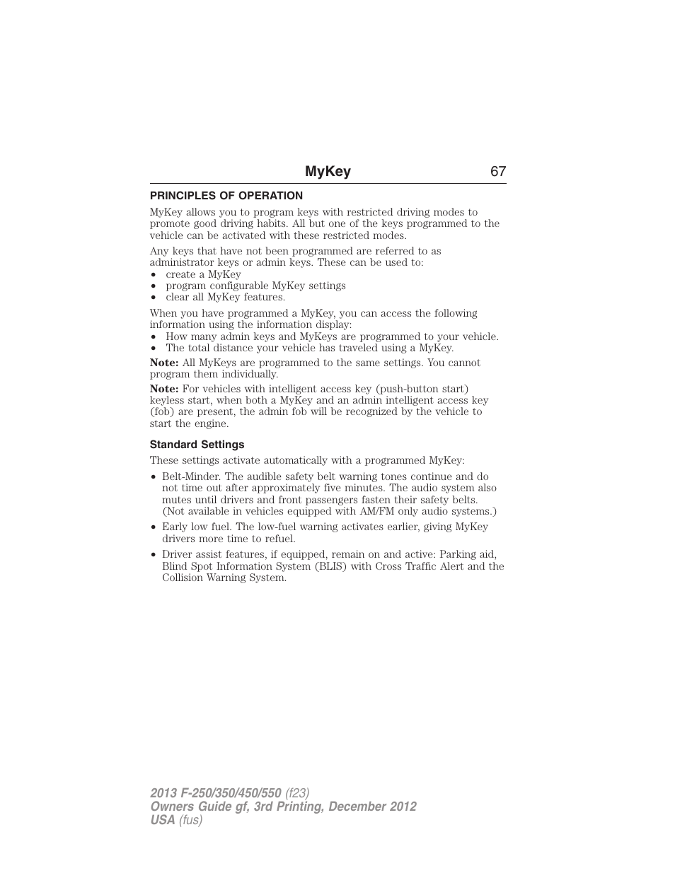 Mykey, Principles of operation, Standard settings | Settings, mykey, Mykey 67 | FORD 2013 F-550 v.3 User Manual | Page 68 / 577