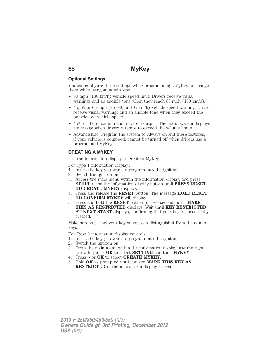 Optional settings, Creating a mykey, Creating | 68 mykey | FORD 2013 F-550 v.3 User Manual | Page 69 / 577